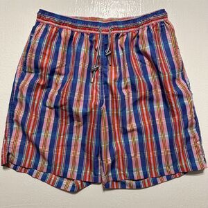 Peter Millar‎ L x 7.5" Blue Retro Bright Plaid Mesh Lined Swim Shorts MS15P12